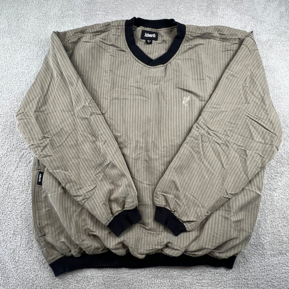 Ashworth‎ Men's V-Neck XL Pullover Olive Herringbone Golf Windshirt Skater